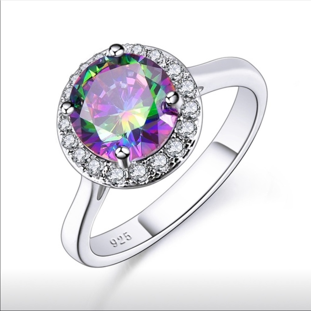 925 S Silver Rainbow and White Topaz Ring sz 9